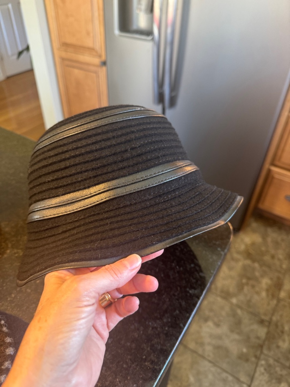 Black Bucket Cloche Hat with Leather Trim